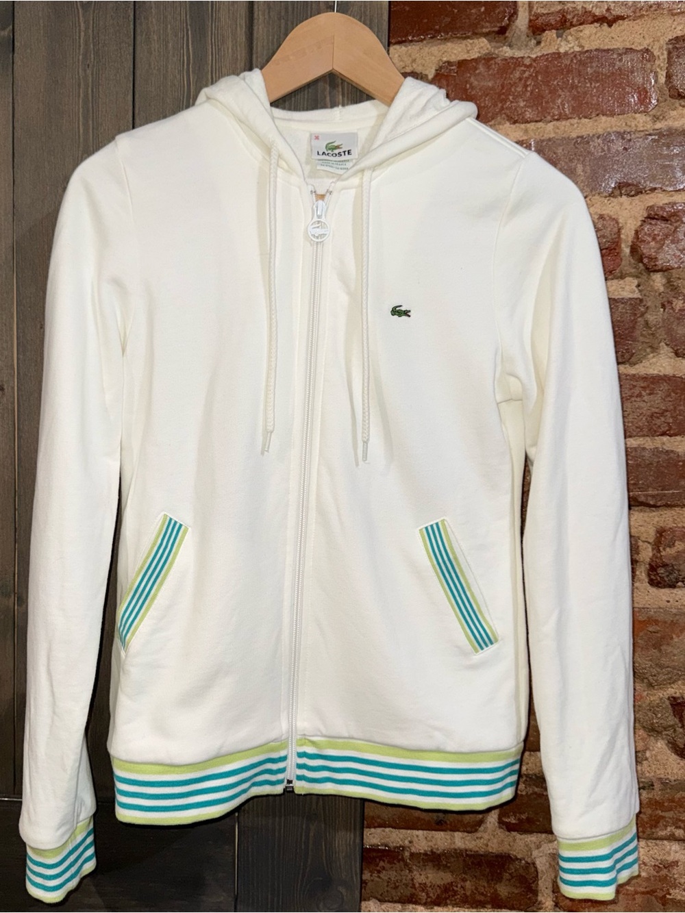 Lacoste womens Ivory Zip-Up Hoodie Jacket tennis core  36 S made in France EUC